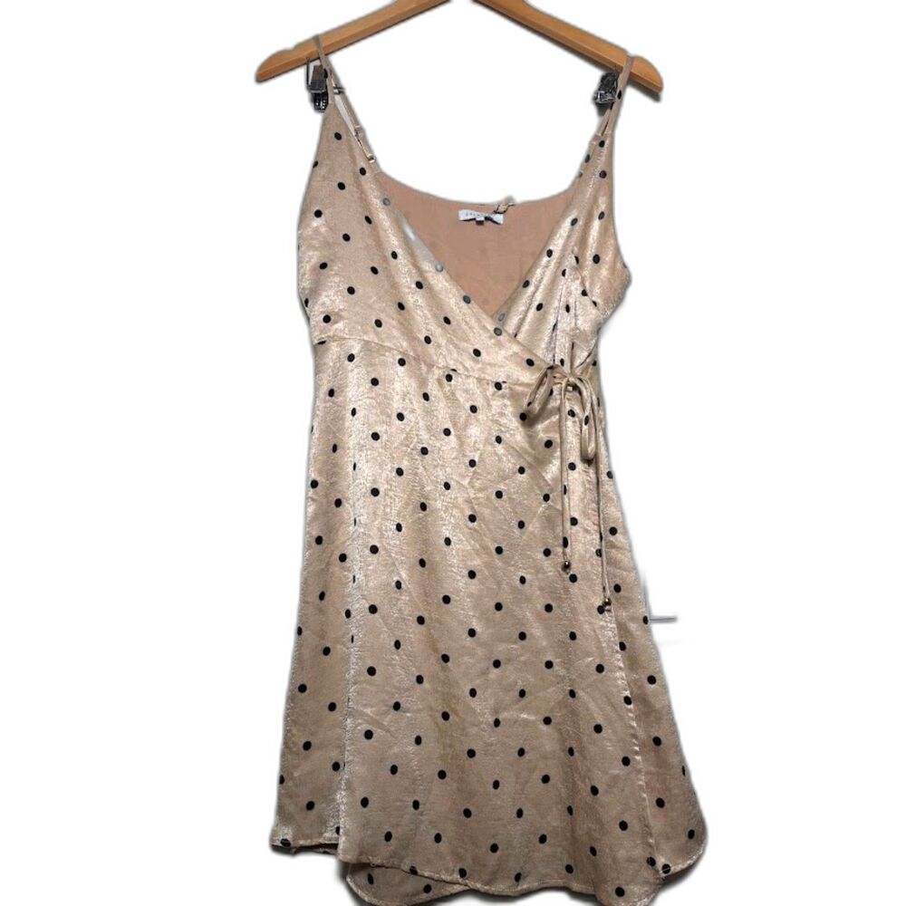 Crescent Clothing Wrap Mini Dress Satin Polka Dot Cream Black NWT Medium Femme
